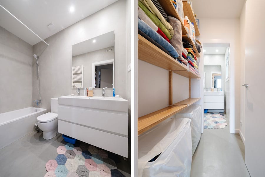 Baño con microcemento en reforma integral con afectación estructural en Barcelona