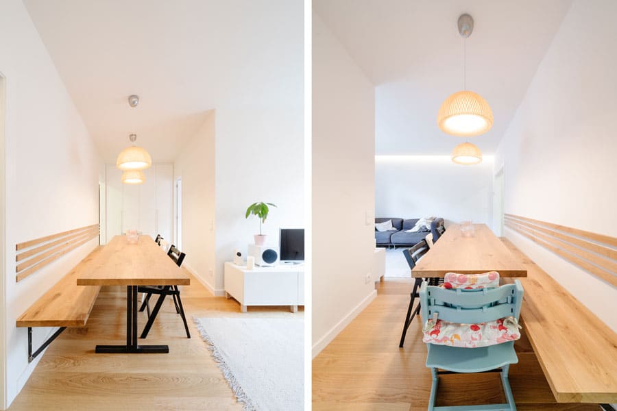Comedor con banco de madera volado en reforma integral con afectación estructural en Barcelona