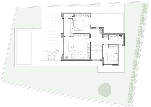 Plano de vivienda unifamiliar con piscina eficiente y saludable