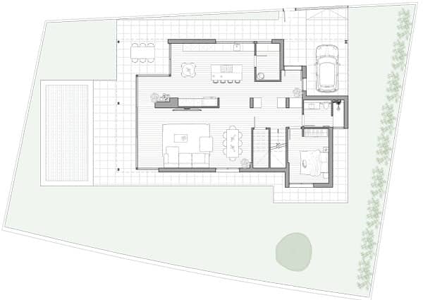 Plano de vivienda unifamiliar con piscina eficiente y saludable