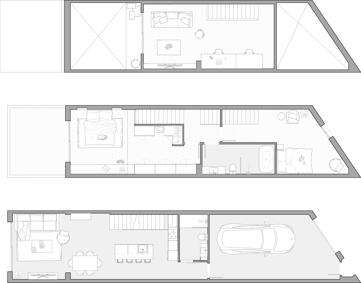 lanos de vivienda saludable en Sabadell, resultado de un proyecto de cambio de uso con distribución en garaje, cocina, dormitorios, baños y altillo