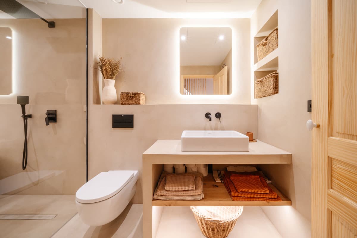 Baño moderno en Sabadell tras el cambio de uso, con lavabo sobre encimera, espejo retroiluminado y diseño cálido con materiales naturales