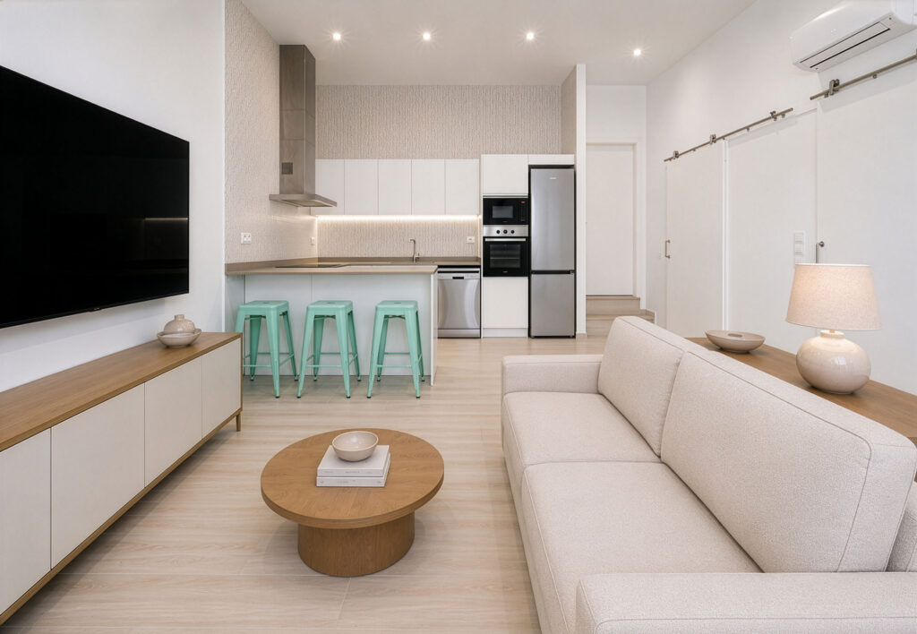 Salón amueblado frente a cocina abierta en vivienda compacta de Mollet