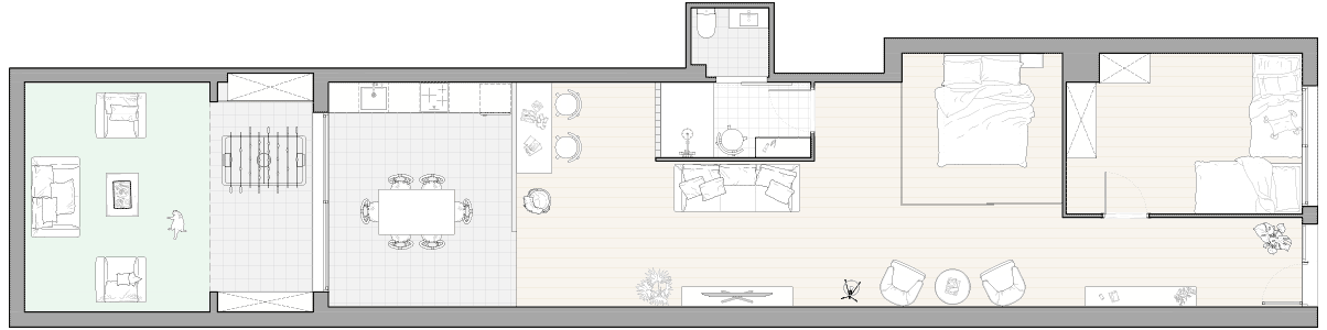 Plano de vivienda reformada tras un cambio de uso de local comercial en El Prat de Llobregat, Barcelona.